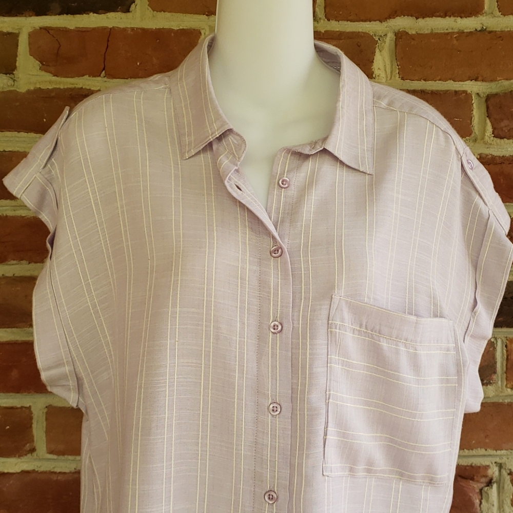 NWT Dex Purple Striped S/S Button Front Blouse SzM